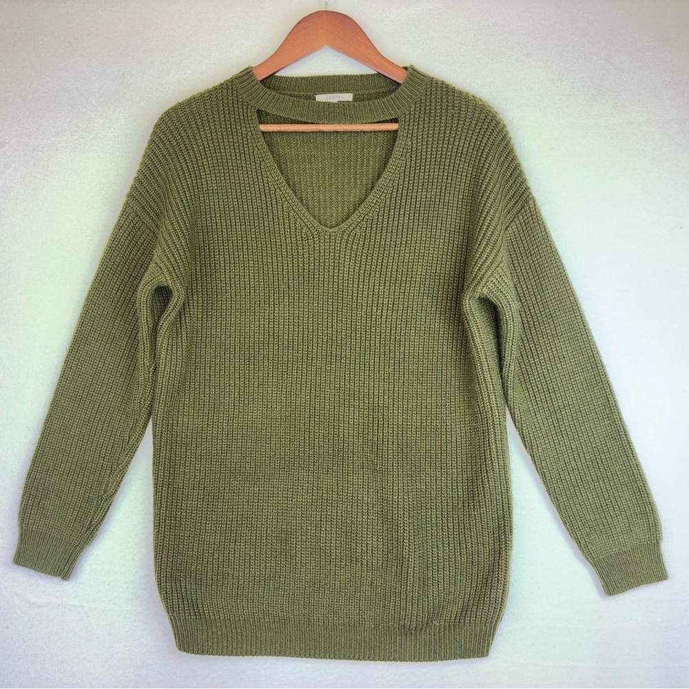 JODIFL Y2K Women Green Knit Sweater Top Long Sleeve Cutout V Oversized Medium
